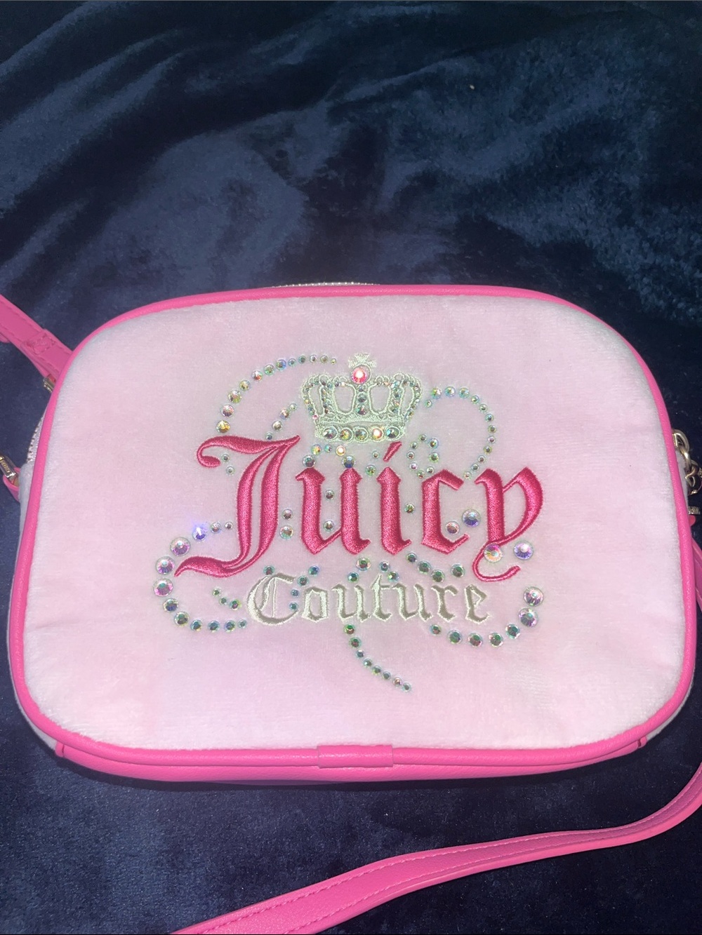 Juicy Couture Light Pink Crossbody with Hot Pink Trim and Rhinestone Logo